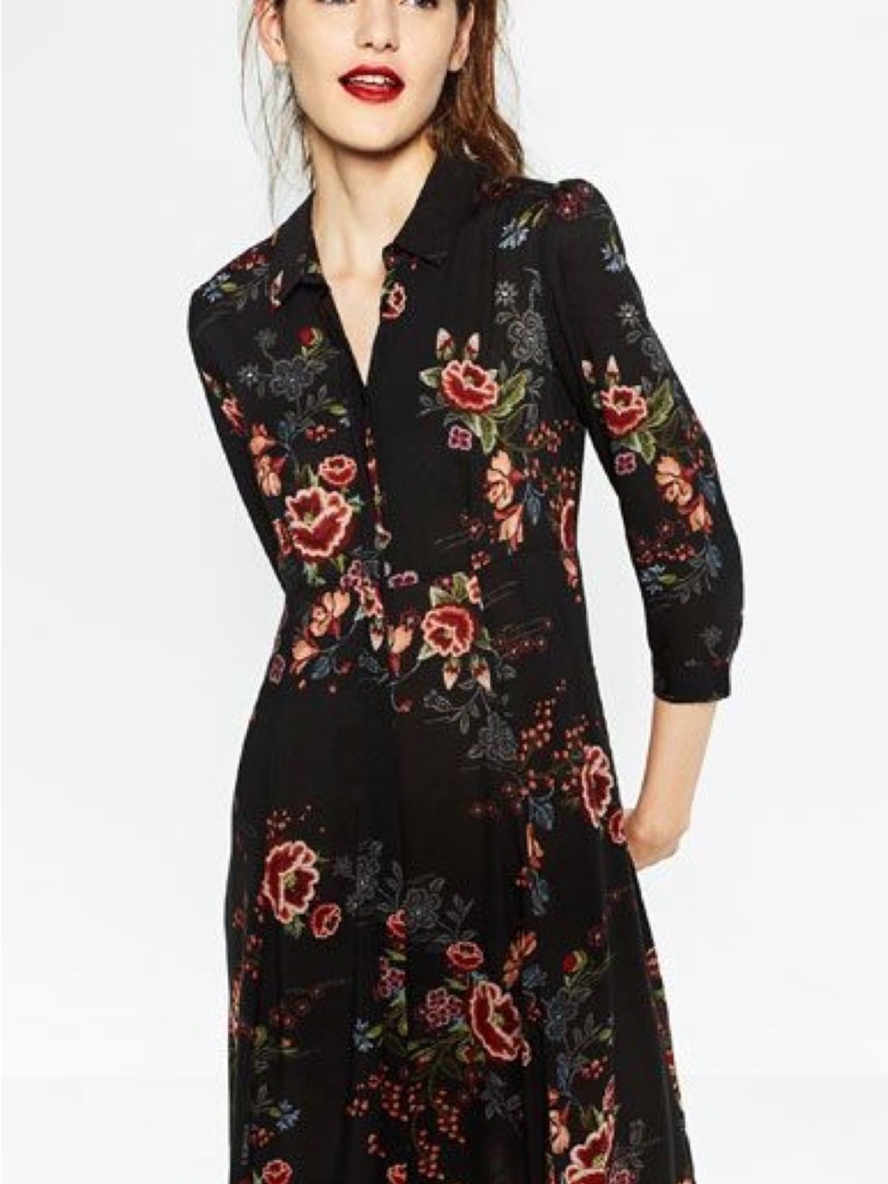 NWT Zara Bohemian Romantic Floral Black Shirt Dress with Red Rose Print